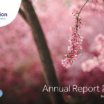 Annual report 2023-24 cover background image shows pink spring blossom