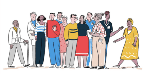 Cartoon showing diverse group of 12 people standing